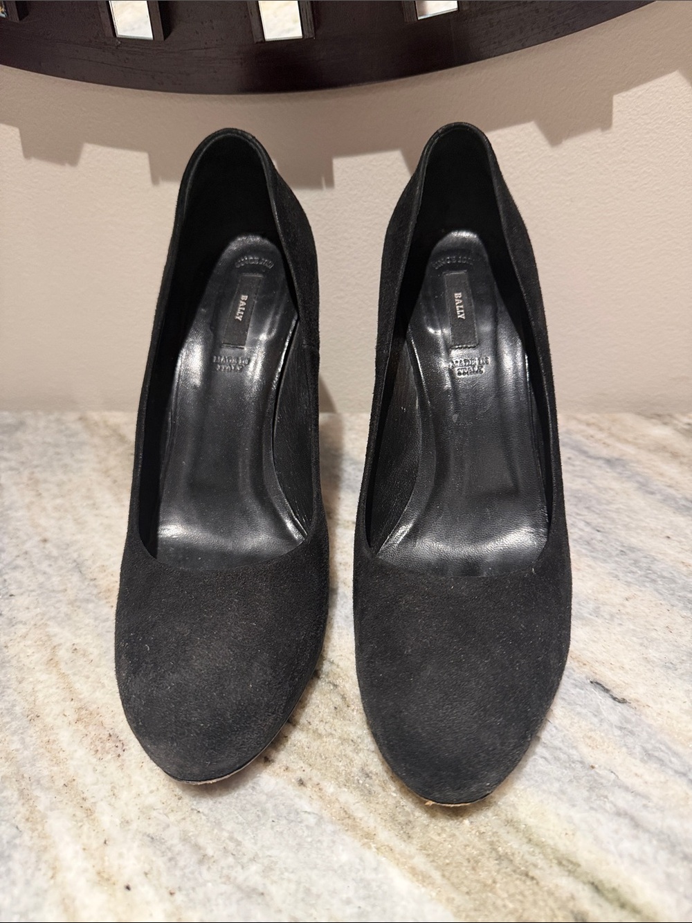 Bally Black Classic Round Toe Black Suede Women's 4.5”High Heel Pumps